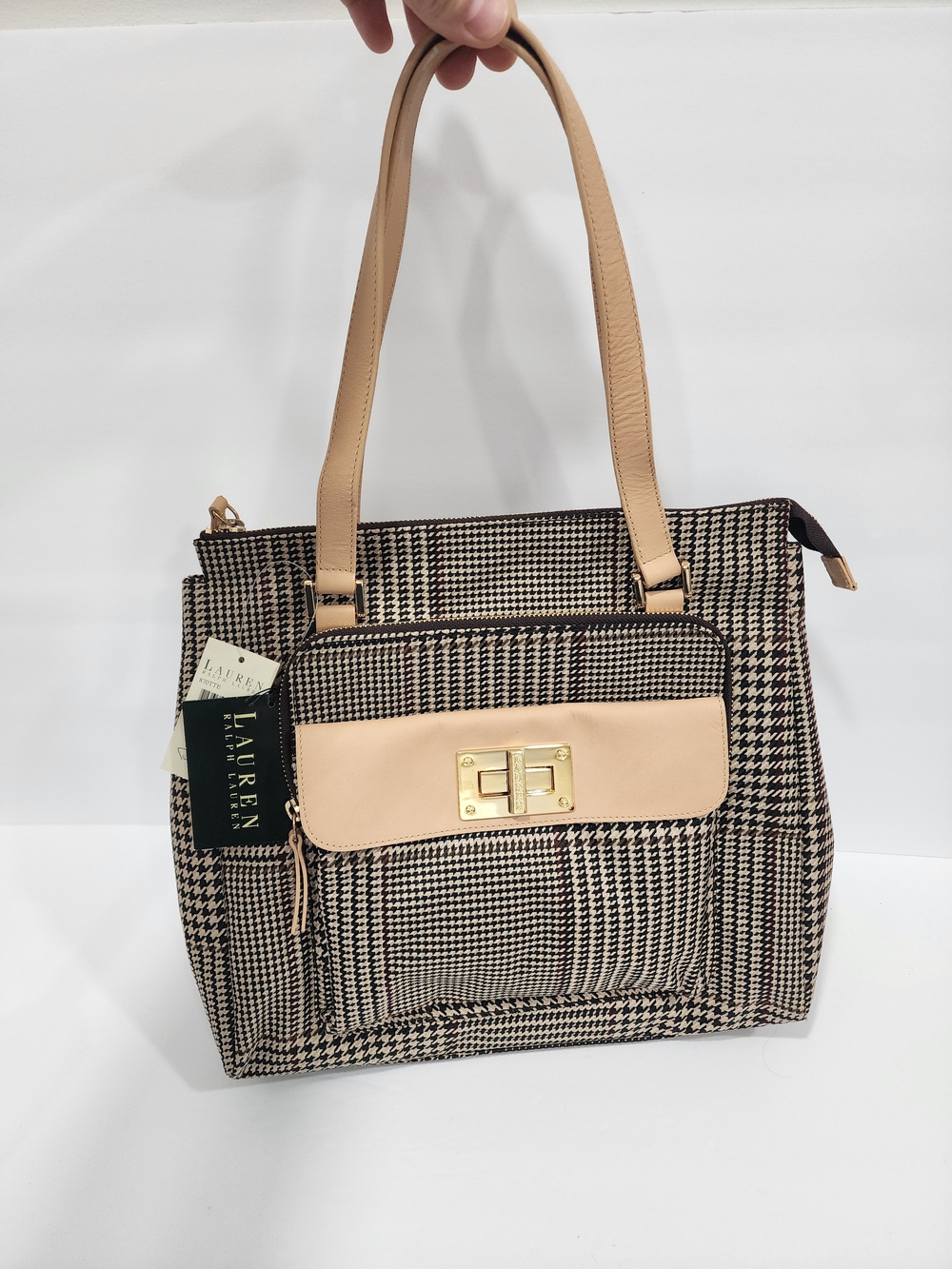 Vintage Lauren Ralph Lauren Houndstooth Brown Plaid Hobo Shoulder Bag Handbag
